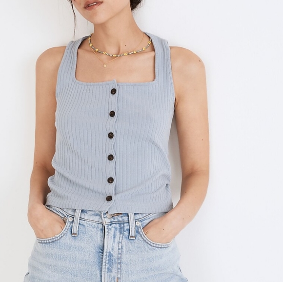 MADEWELL‎ Ribbed Button-Front Crop Tank Terrace Blue Small Square Neckline - Picture 12 of 12